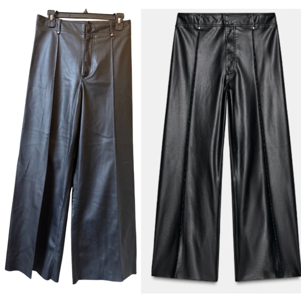 ZARA Women's Size 4 ZW Collection Faux‎ Leather Wide Leg Pants Black EUC